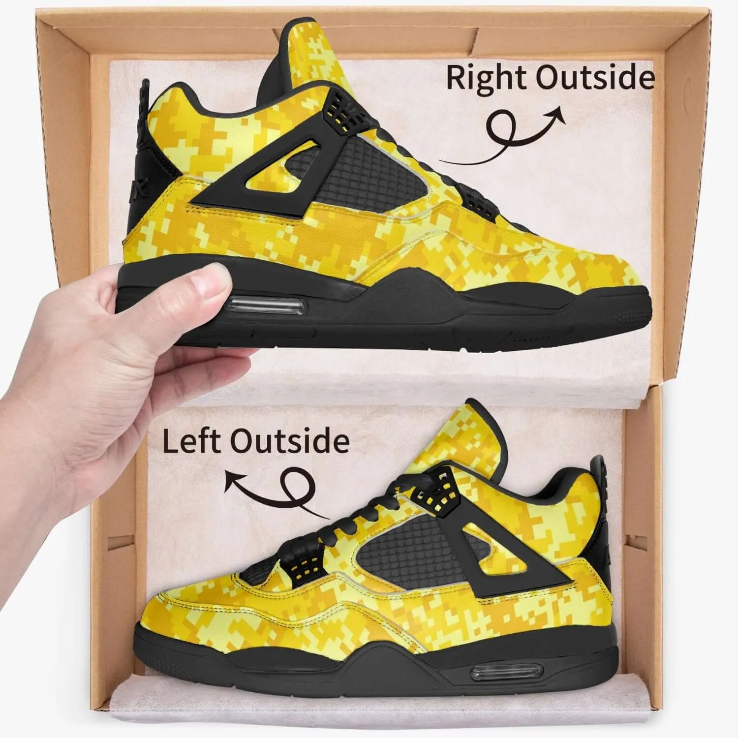 Yellow Camo Sneakers AJ4 Style | Digital Pixel Camouflage style