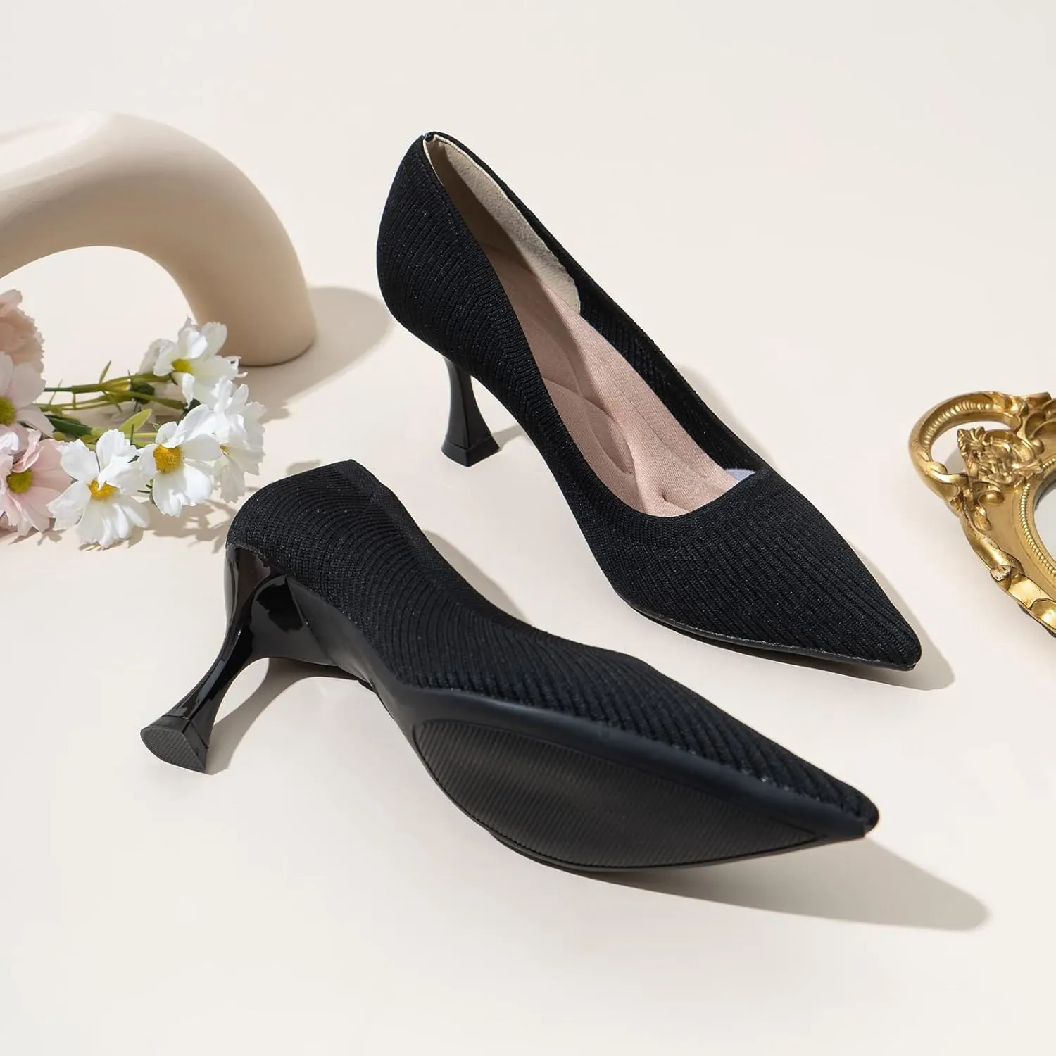 youngshow High Heels for Womens Closed Toe Slip On Knit Comfortable Dress Party Heels Pumps