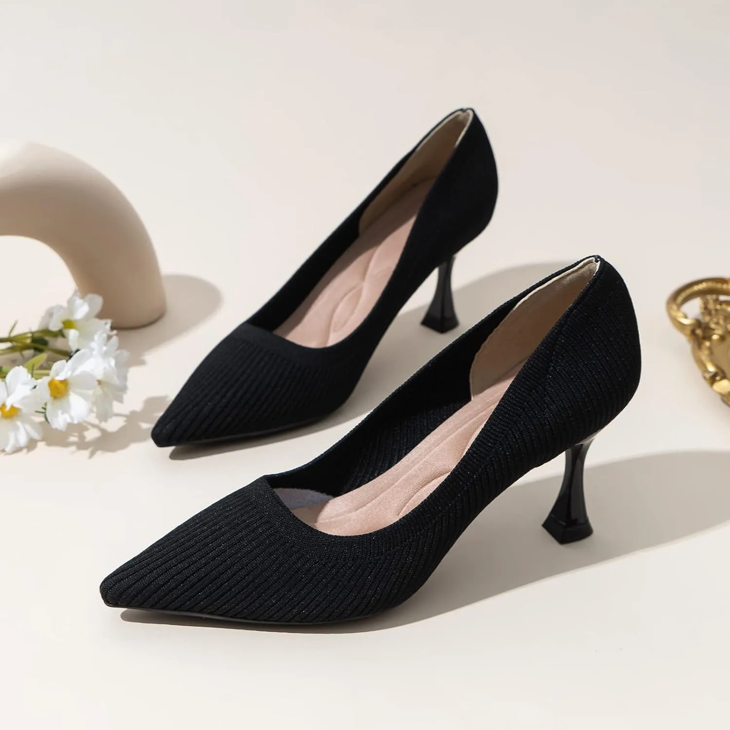 youngshow High Heels for Womens Closed Toe Slip On Knit Comfortable Dress Party Heels Pumps