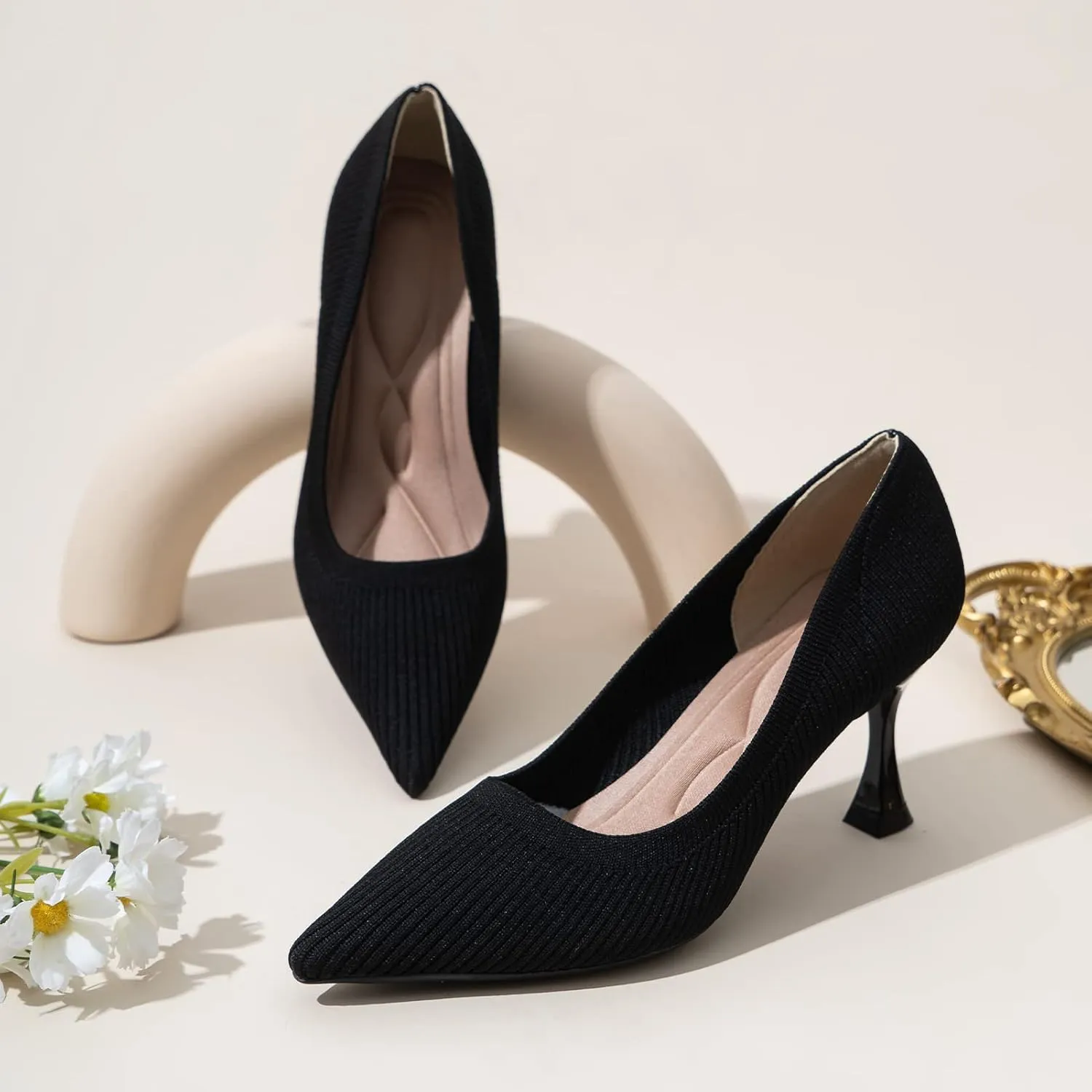 youngshow High Heels for Womens Closed Toe Slip On Knit Comfortable Dress Party Heels Pumps