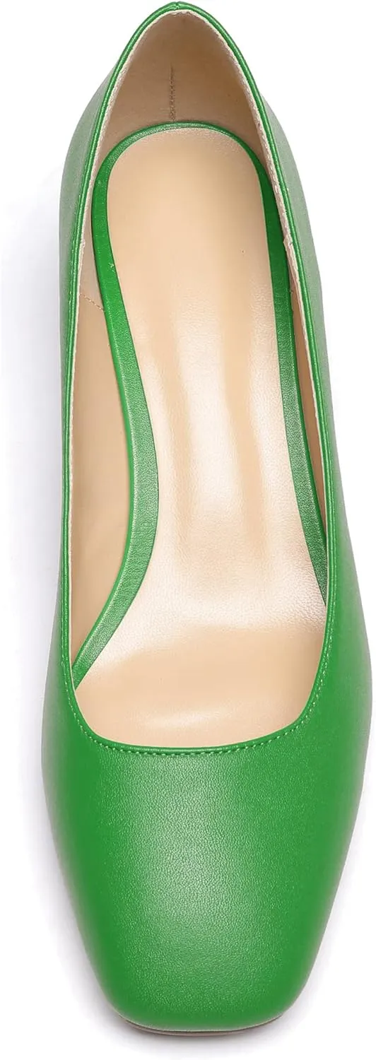 Zamikoo Women's Square Toe Block Heel Pumps Slip On 2 Inches Low Chunky Heels Classic Dress Shoes for Wedding Party Office