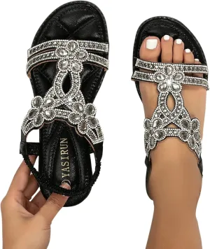 ZBYY Womens Flats Sandals Bohemia Rhinestone Open Toe Elastic Ankle Strap Sandals Summer Comfortable Beach Shoes Sandals