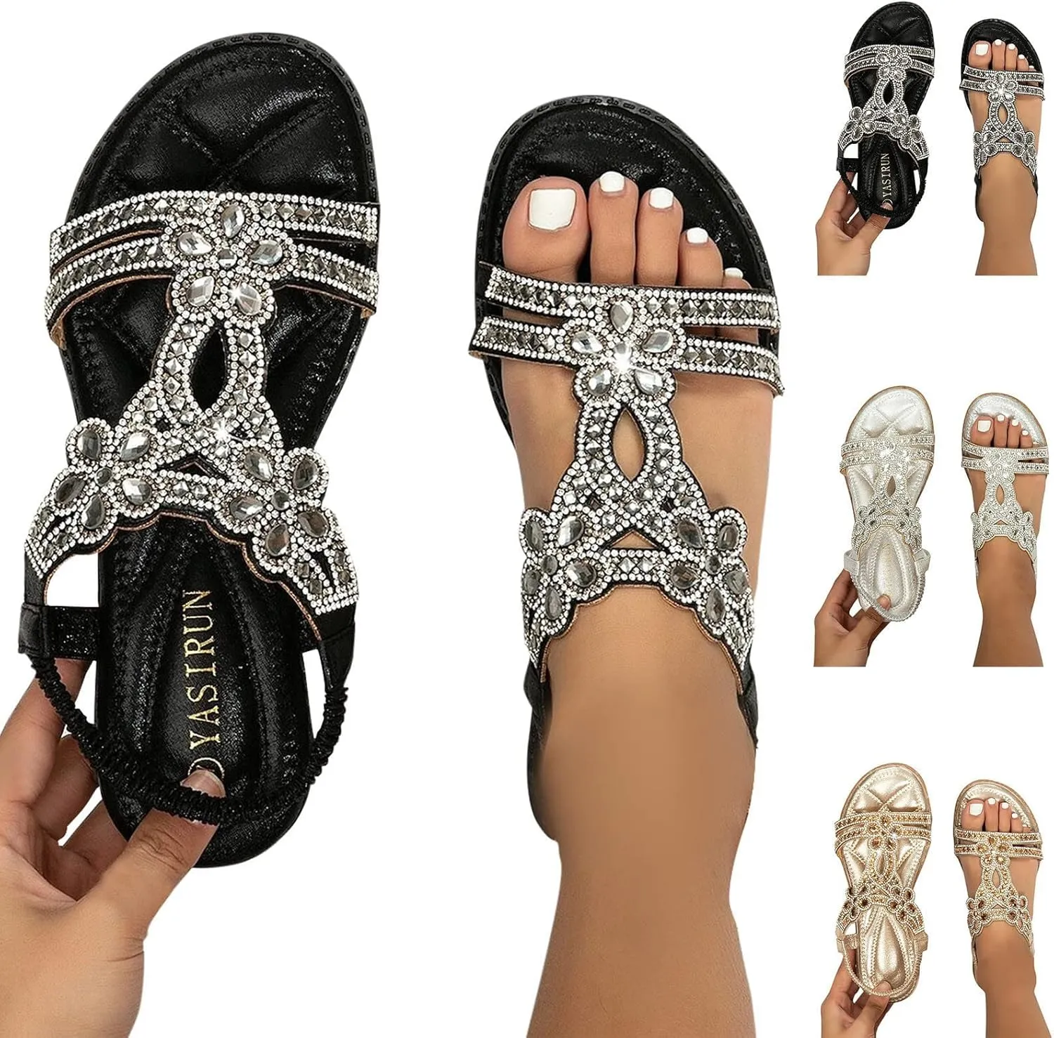 ZBYY Womens Flats Sandals Bohemia Rhinestone Open Toe Elastic Ankle Strap Sandals Summer Comfortable Beach Shoes Sandals