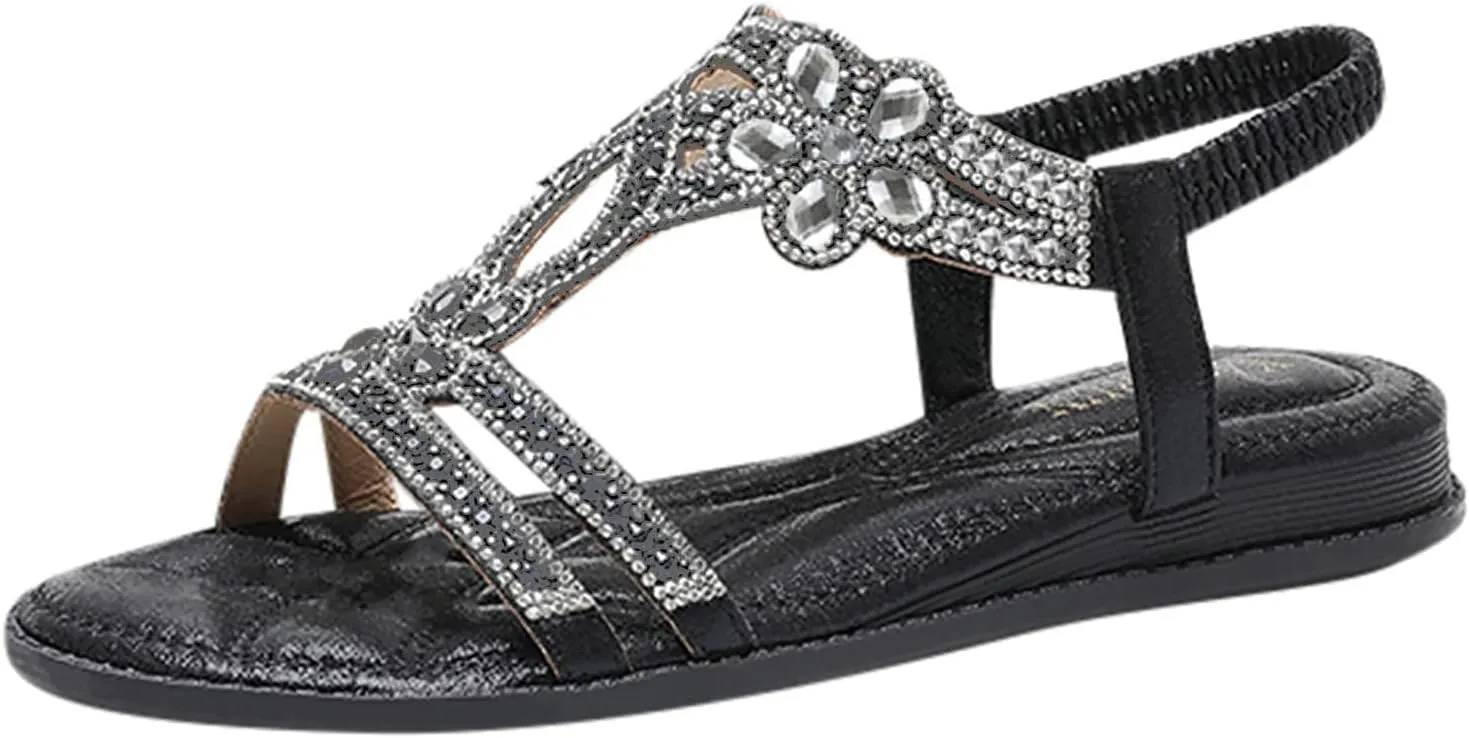 ZBYY Womens Flats Sandals Bohemia Rhinestone Open Toe Elastic Ankle Strap Sandals Summer Comfortable Beach Shoes Sandals