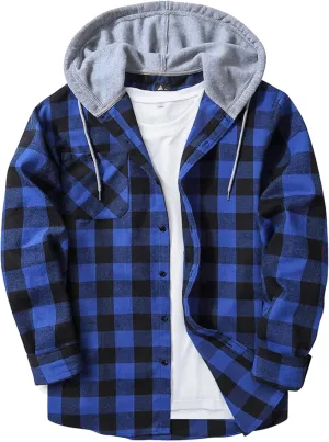 ZITY Men's Flannel Hoodie Shirts Casual Button Down Plaid Shirt Jackets for Men Long Sleeve Stylish Hooded with Pocket