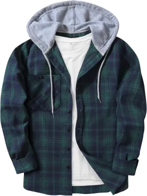 ZITY Men's Flannel Hoodie Shirts Casual Button Down Plaid Shirt Jackets for Men Long Sleeve Stylish Hooded with Pocket
