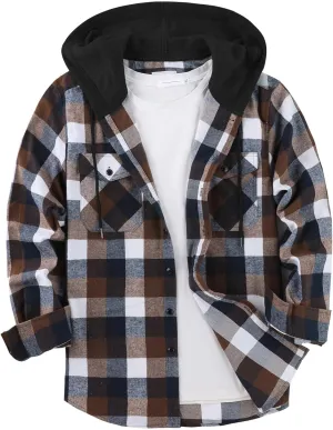 ZITY Men's Flannel Hoodie Shirts Casual Button Down Plaid Shirt Jackets for Men Long Sleeve Stylish Hooded with Pocket