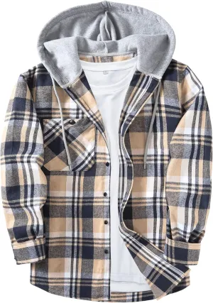 ZITY Men's Flannel Hoodie Shirts Casual Button Down Plaid Shirt Jackets for Men Long Sleeve Stylish Hooded with Pocket
