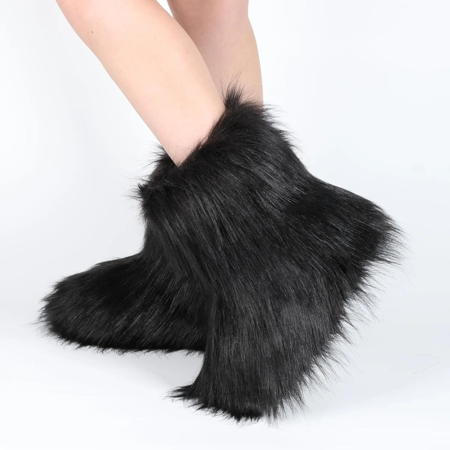 ZVC Women's Faux Fur Boots Furry Comfortable Snow Boots Warm Fluffy Winter Boot Fuzzy Mid-Calf Boot Outdoor Indoor Flat Shoes