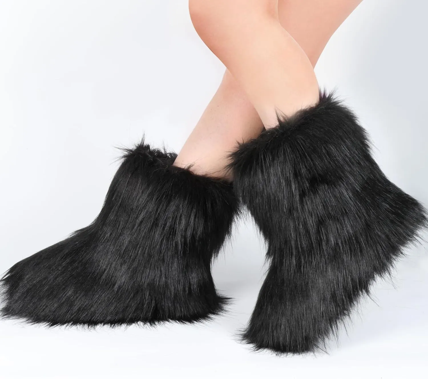 ZVC Women's Faux Fur Boots Furry Comfortable Snow Boots Warm Fluffy Winter Boot Fuzzy Mid-Calf Boot Outdoor Indoor Flat Shoes