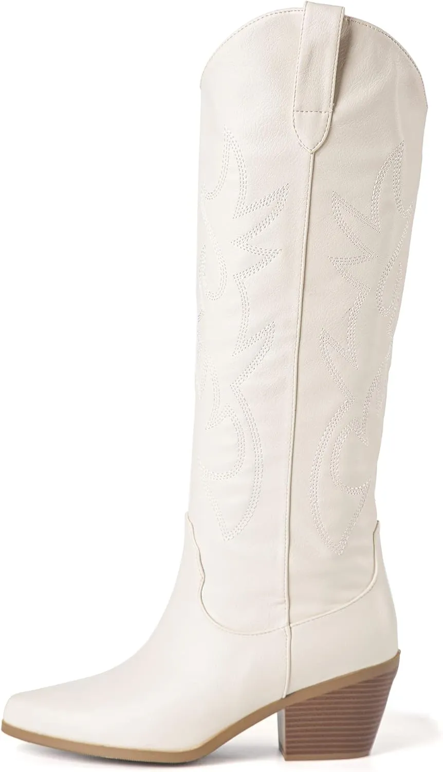 ZXHYZLZ Cowboy Boots For Women 2-Inch Low Heel Comfortable Tall Knee High Western Cowgirl Boots Pointed Toe Botas Vaqueras Para Mujer Classic Embroidered Chunky Heel