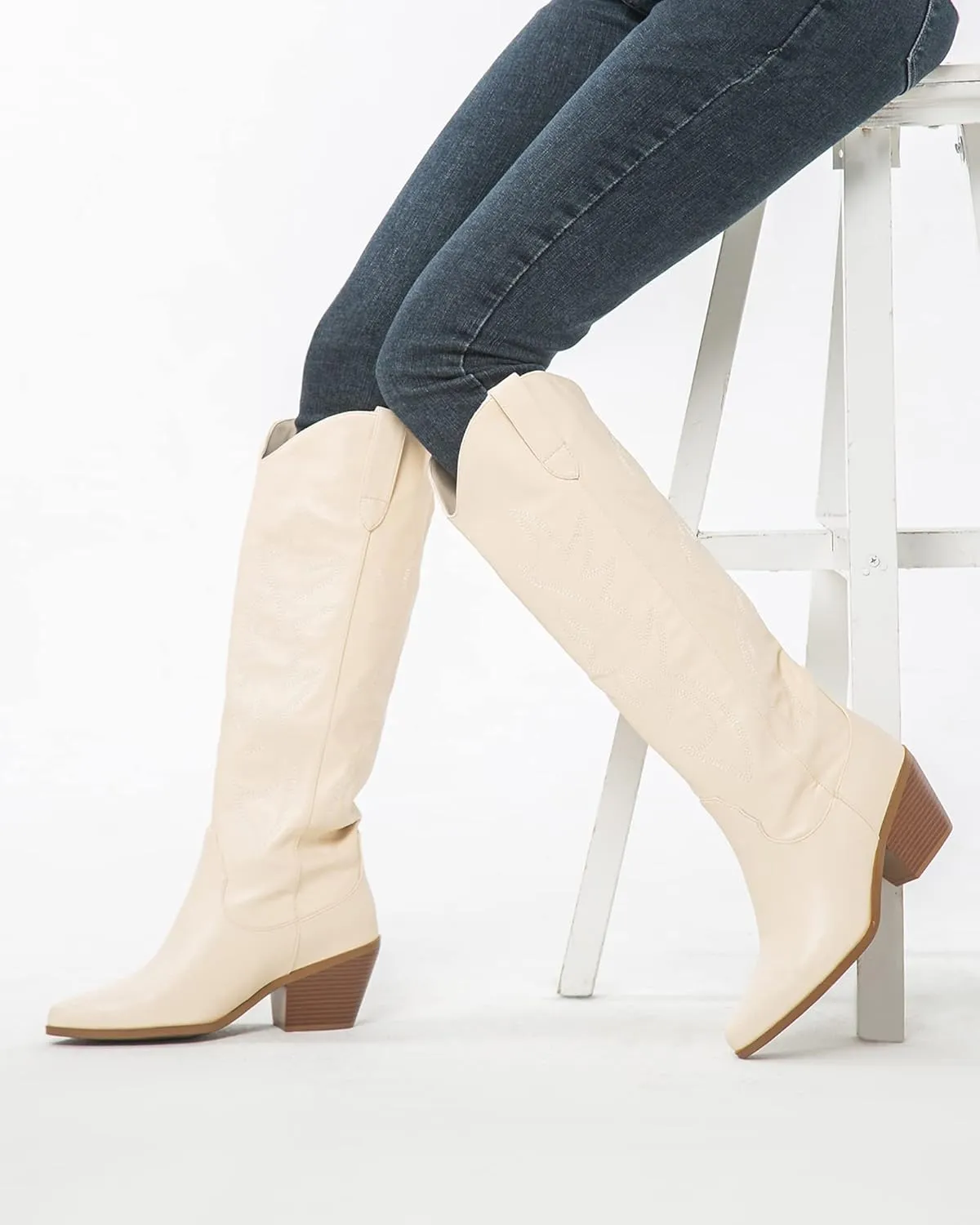 ZXHYZLZ Cowboy Boots For Women 2-Inch Low Heel Comfortable Tall Knee High Western Cowgirl Boots Pointed Toe Botas Vaqueras Para Mujer Classic Embroidered Chunky Heel