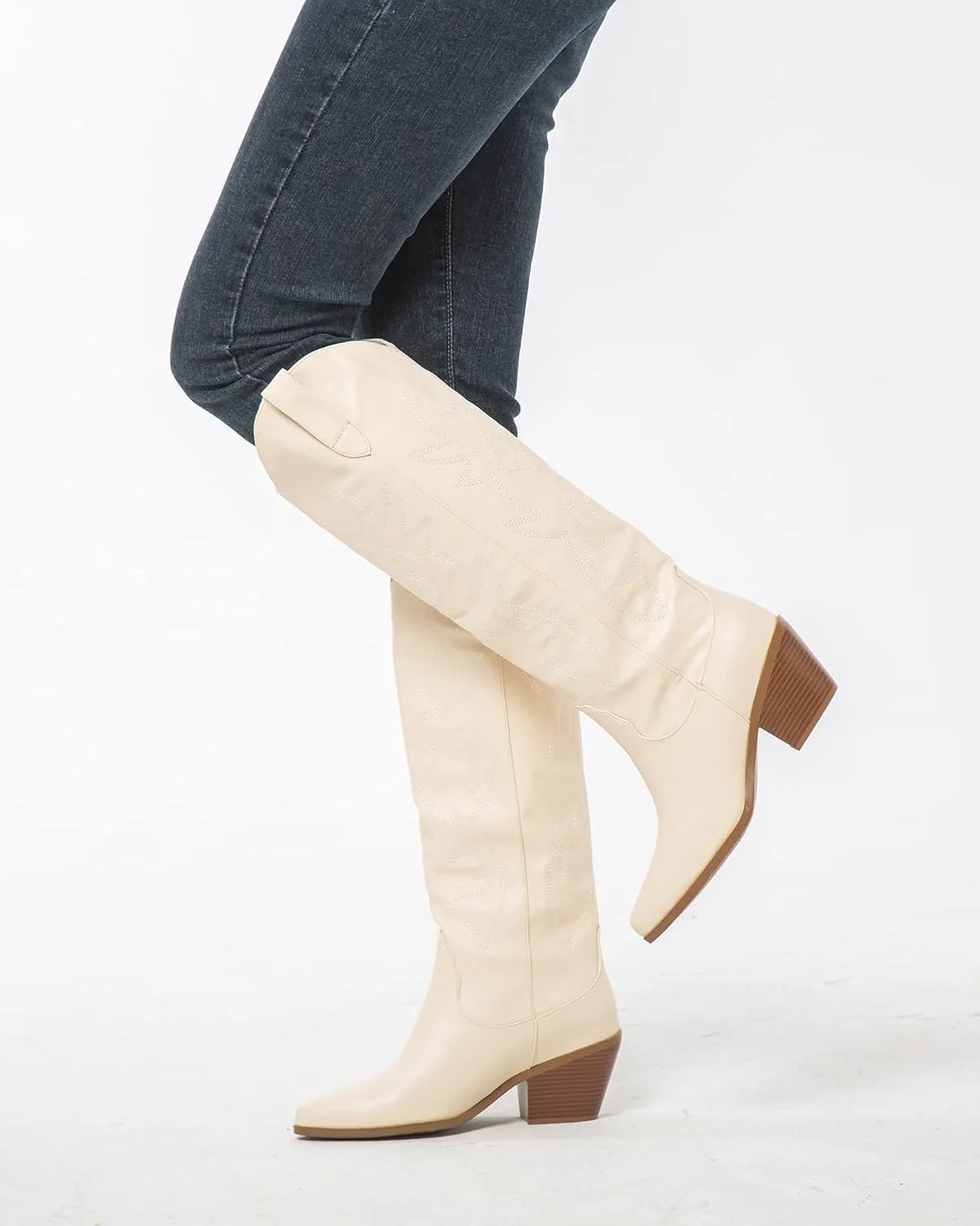 ZXHYZLZ Cowboy Boots For Women 2-Inch Low Heel Comfortable Tall Knee High Western Cowgirl Boots Pointed Toe Botas Vaqueras Para Mujer Classic Embroidered Chunky Heel